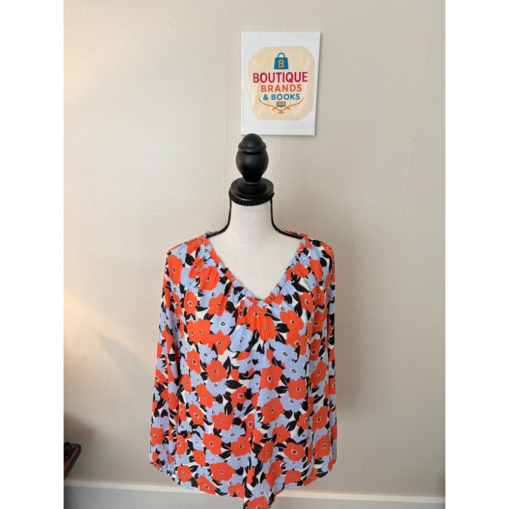 Ann Taylor Factory XS Orange Blue Floral Long Sleeve V-Neck Blouse
